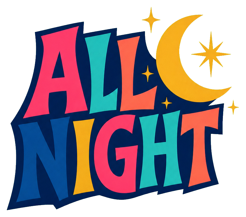 Colorful retro text reading All Night with a crescent moon and stars