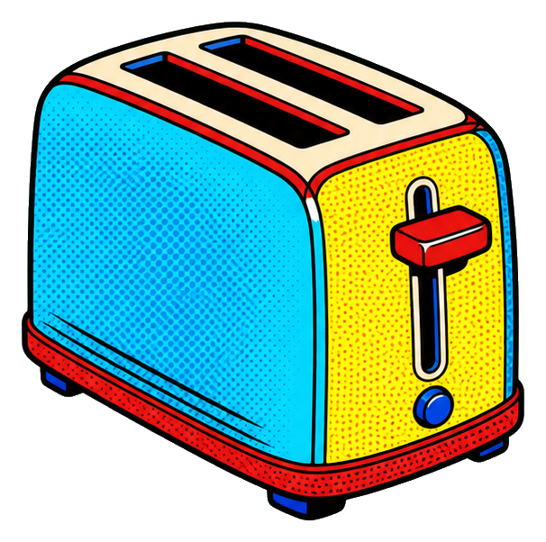 Colorful pop art toaster with blue, yellow, red, and black comic style outlines
