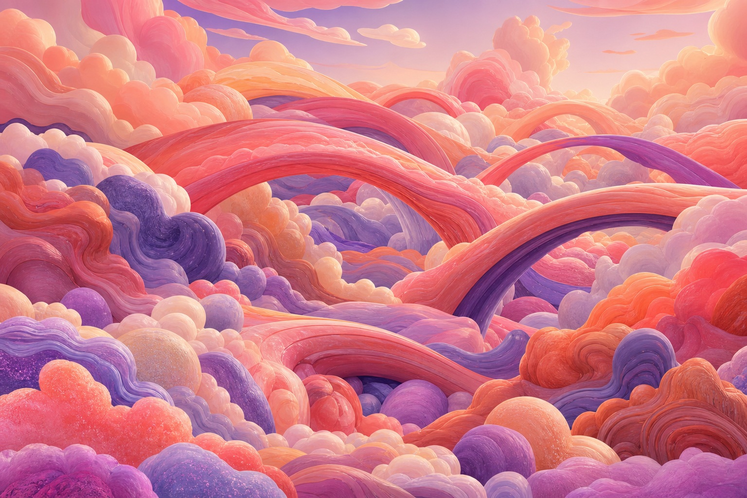 Pastel rainbow clouds forming rolling hills and a bridge under a candy-colored dusk sky.