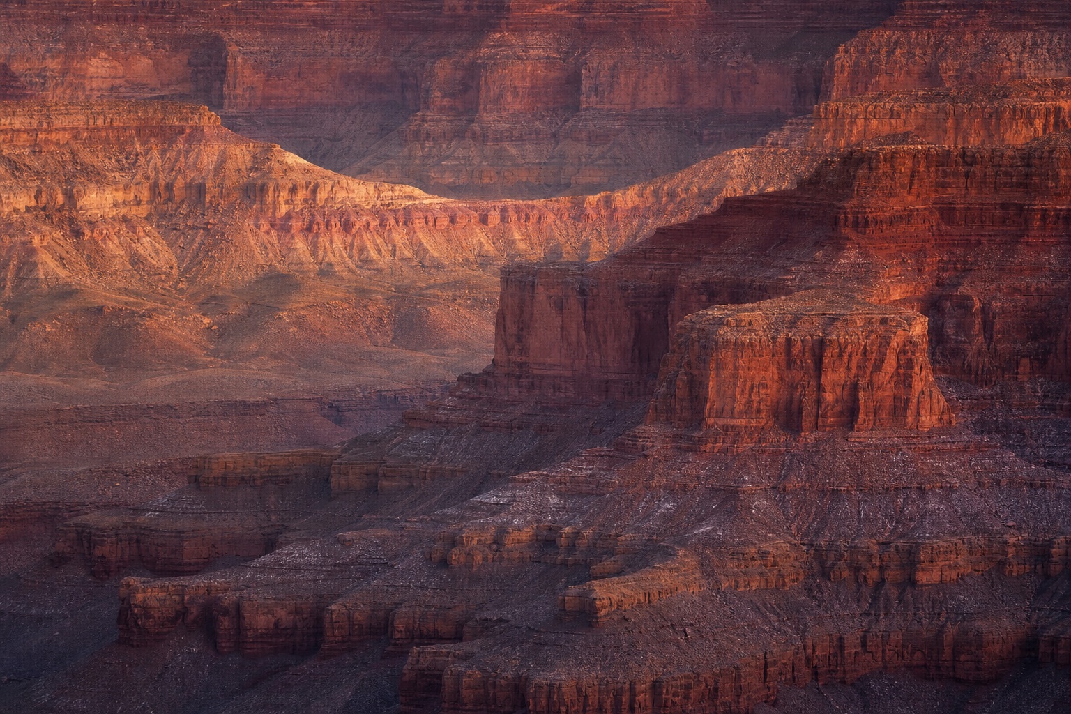 Layered red sandstone canyon walls lit by warm late side light with distant mountains.