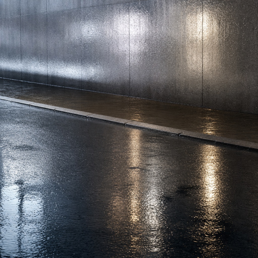 Wet city street beside a reflective wall lit in soft monochrome tones.