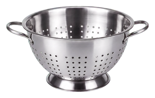 A realistic metal colander with handles and perforated holes