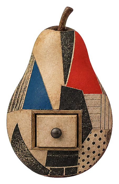 A pear-shaped collage with a small drawer front and multicolor geometric paper textures