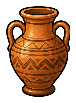 Brown ancient clay vase with two handles and geometric patterns