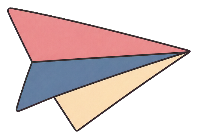Minimal paper airplane drawing with pink, blue, and cream triangular sections