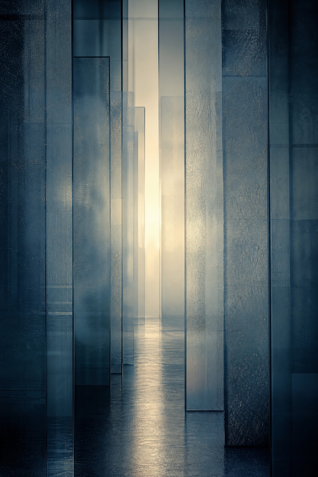 Abstract blue corridor with glowing light and layered translucent panels