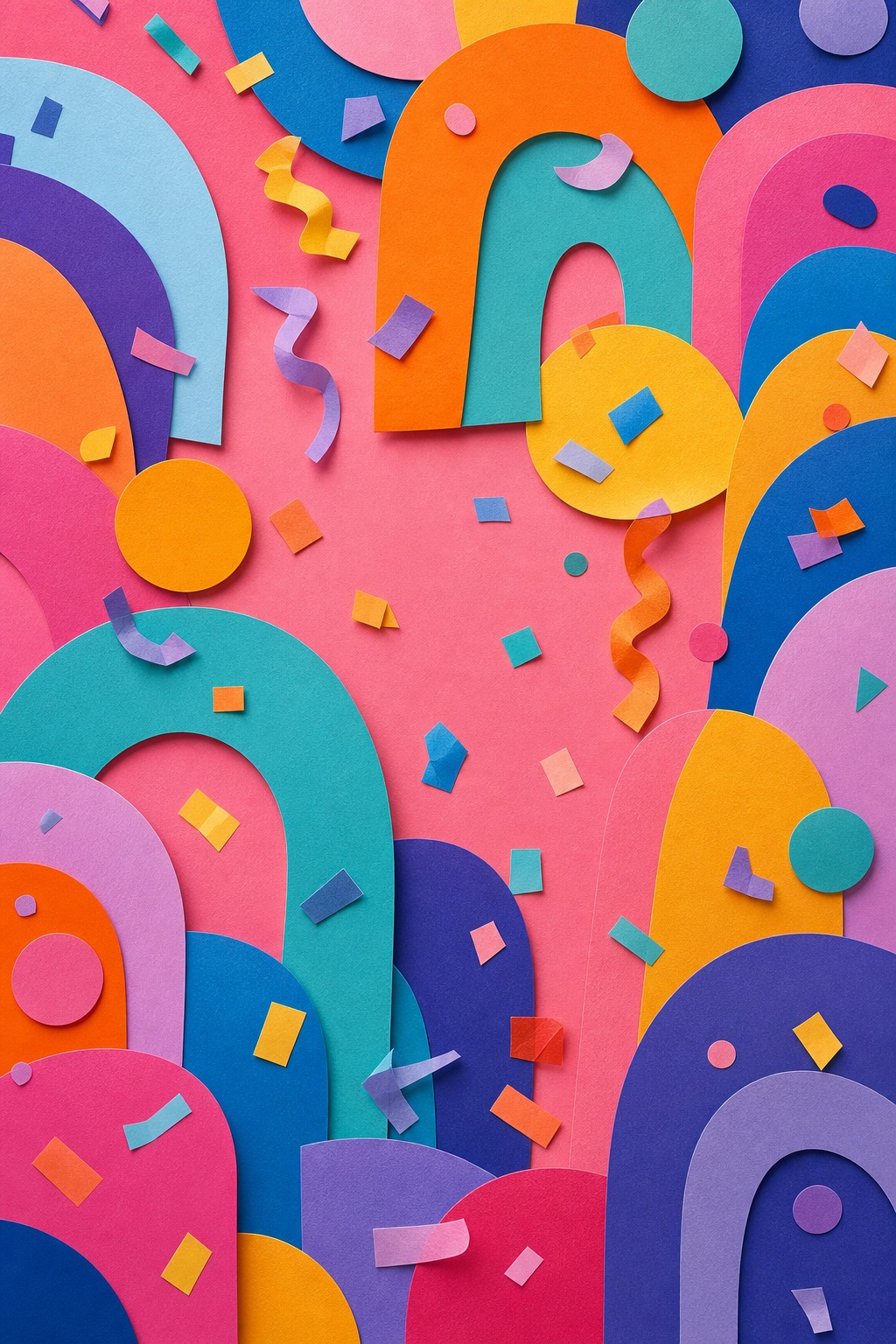Colorful paper arches and confetti shapes on a pink background