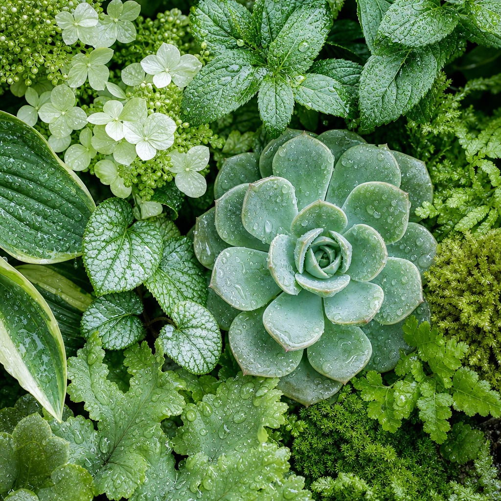 Close-up of fresh green leaves and succulent foliage covered in dew and rain droplets.