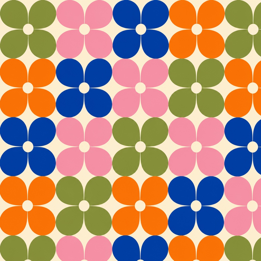 Repeating retro floral tile pattern with rounded petals in blue, pink, orange, and olive green