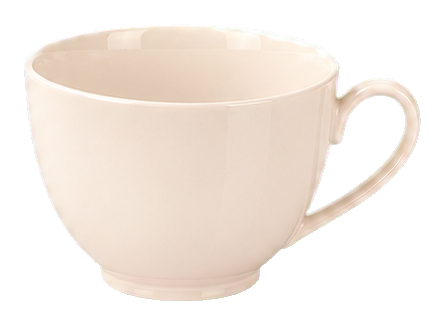 A realistic light beige teacup with a curved handle on a white background.
