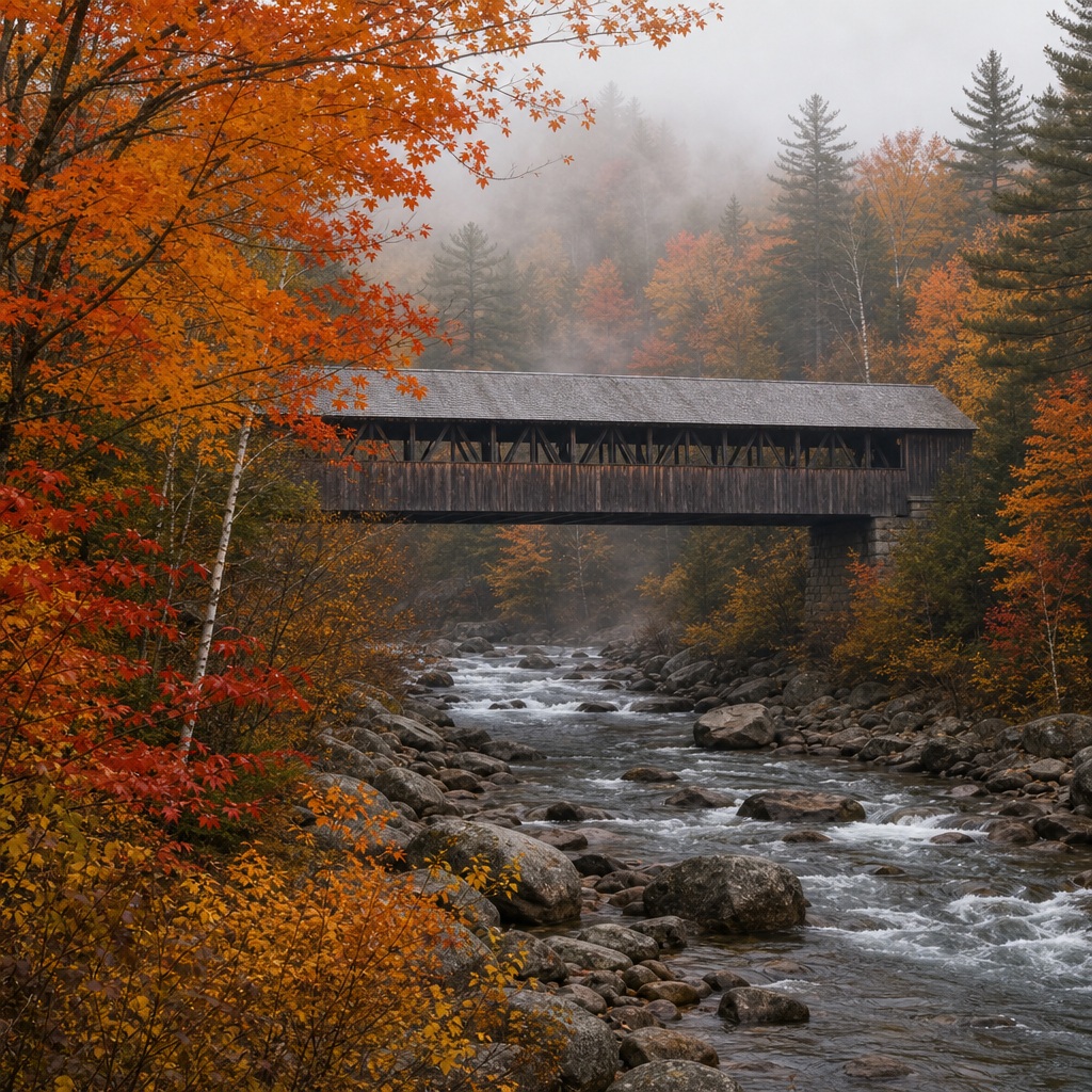Covered bridge over a rocky river surrounded by mist and autumn trees at dawn.