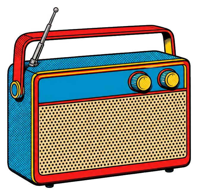 Colorful pop art transistor radio with antenna and halftone details