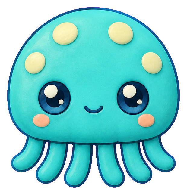 Cute turquoise alien with big eyes, small smile, and jelly-like tentacles.