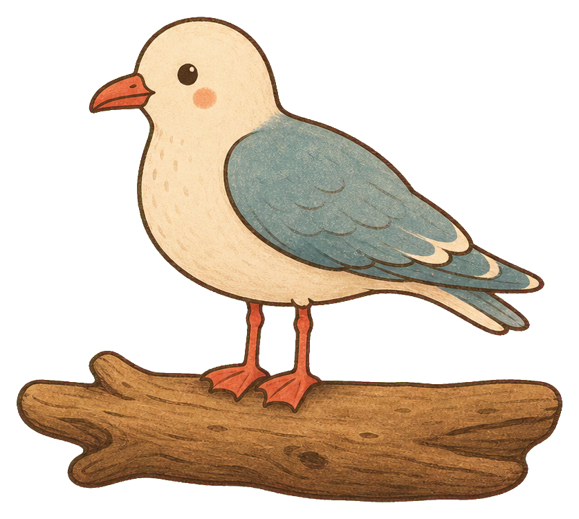 Cream seagull standing on a piece of driftwood