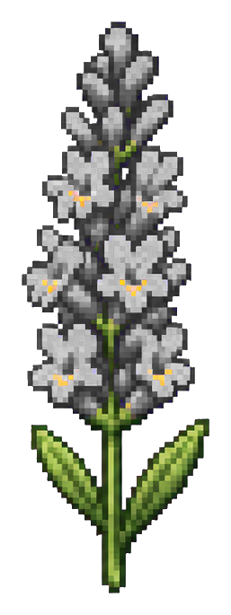 Pixel art lavender sprig with purple flowers and green stems