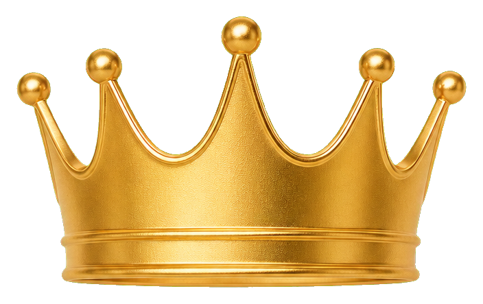 Shiny gold crown with pointed tips and round jewels on each peak