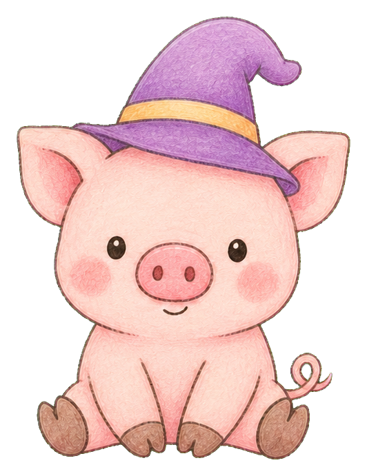 Cute pink pig wearing a purple wizard hat and sitting down.