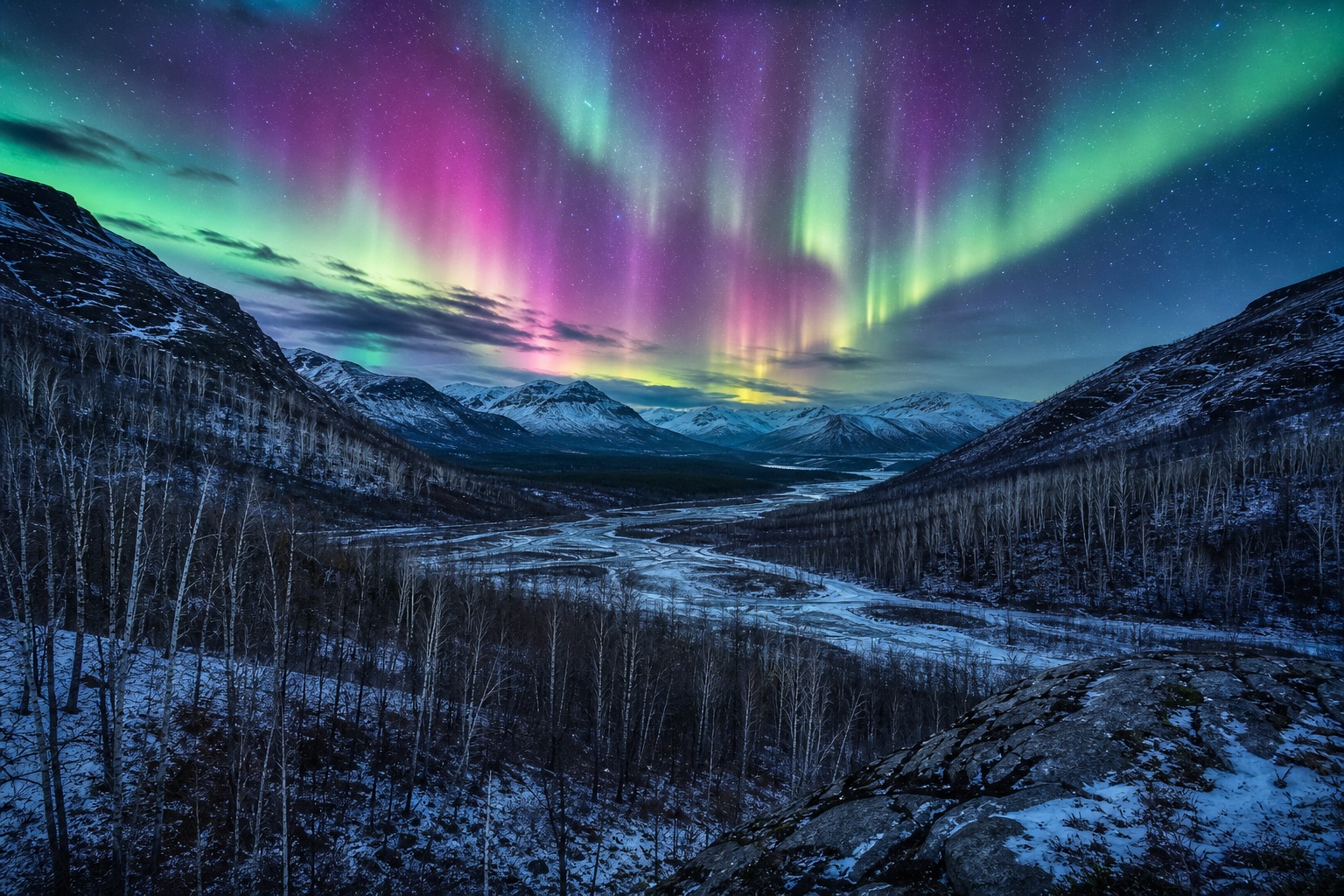 Preview for Aurora Night Silver Birch Valley Background