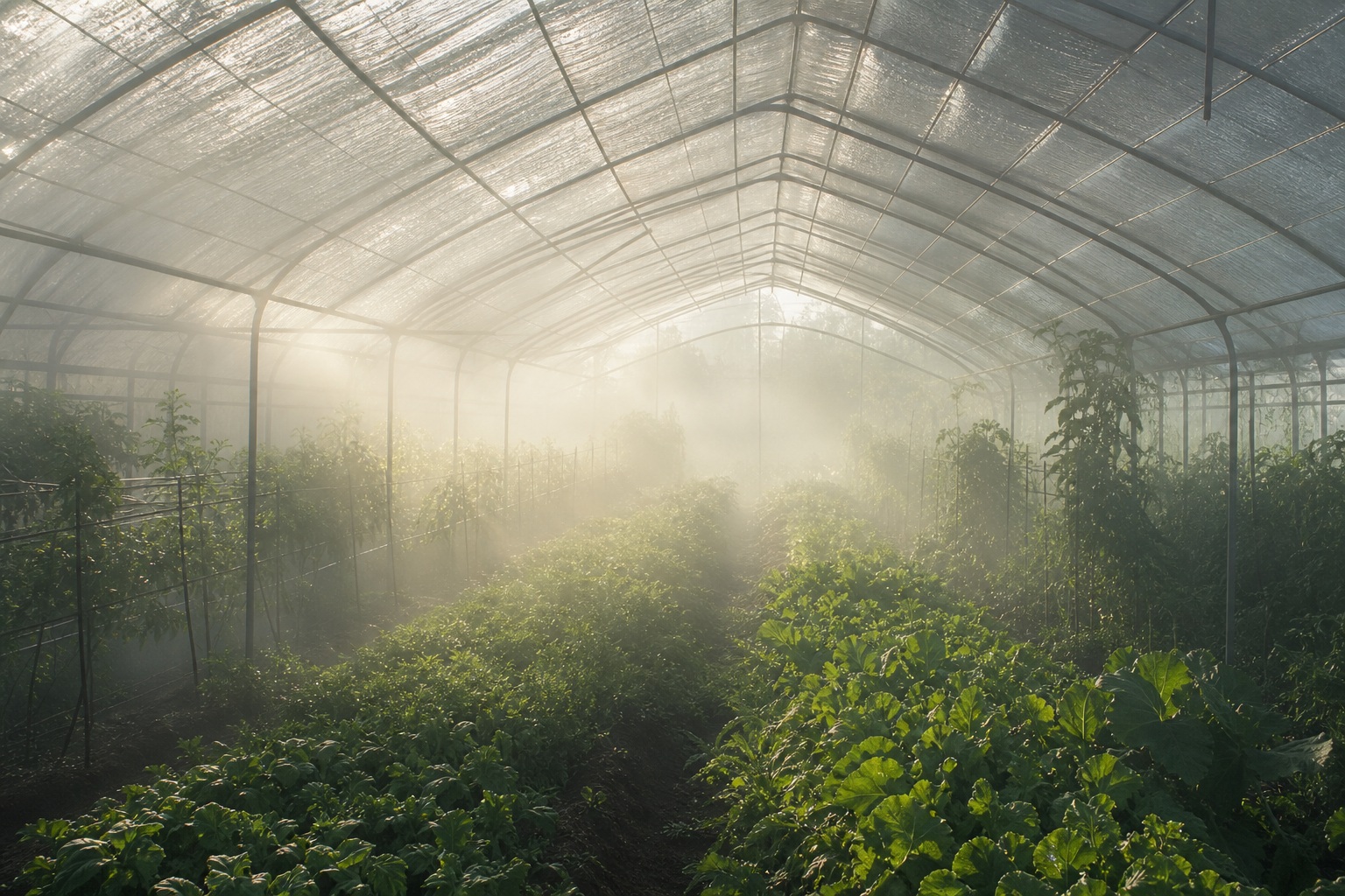 Misty greenhouse interior with vegetable rows and diffused sunlight through the roof