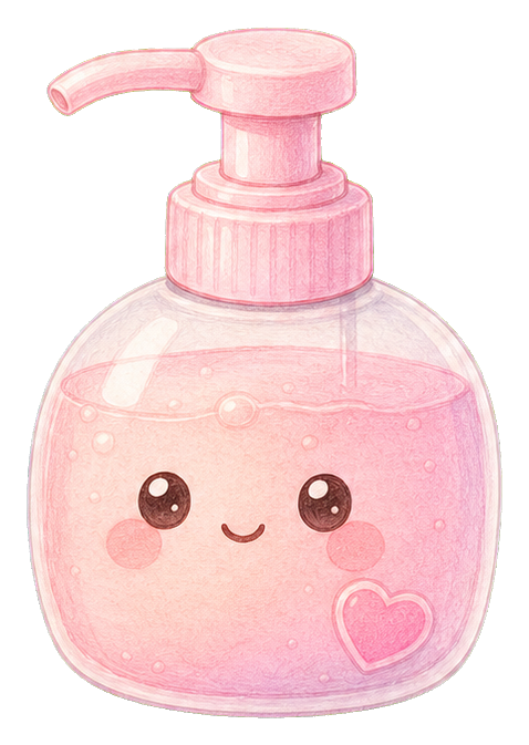 Pink kawaii soap dispenser sticker with a smiling face and heart detail