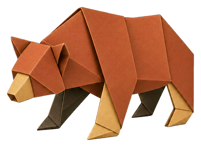 Brown origami-style bear sticker walking in profile