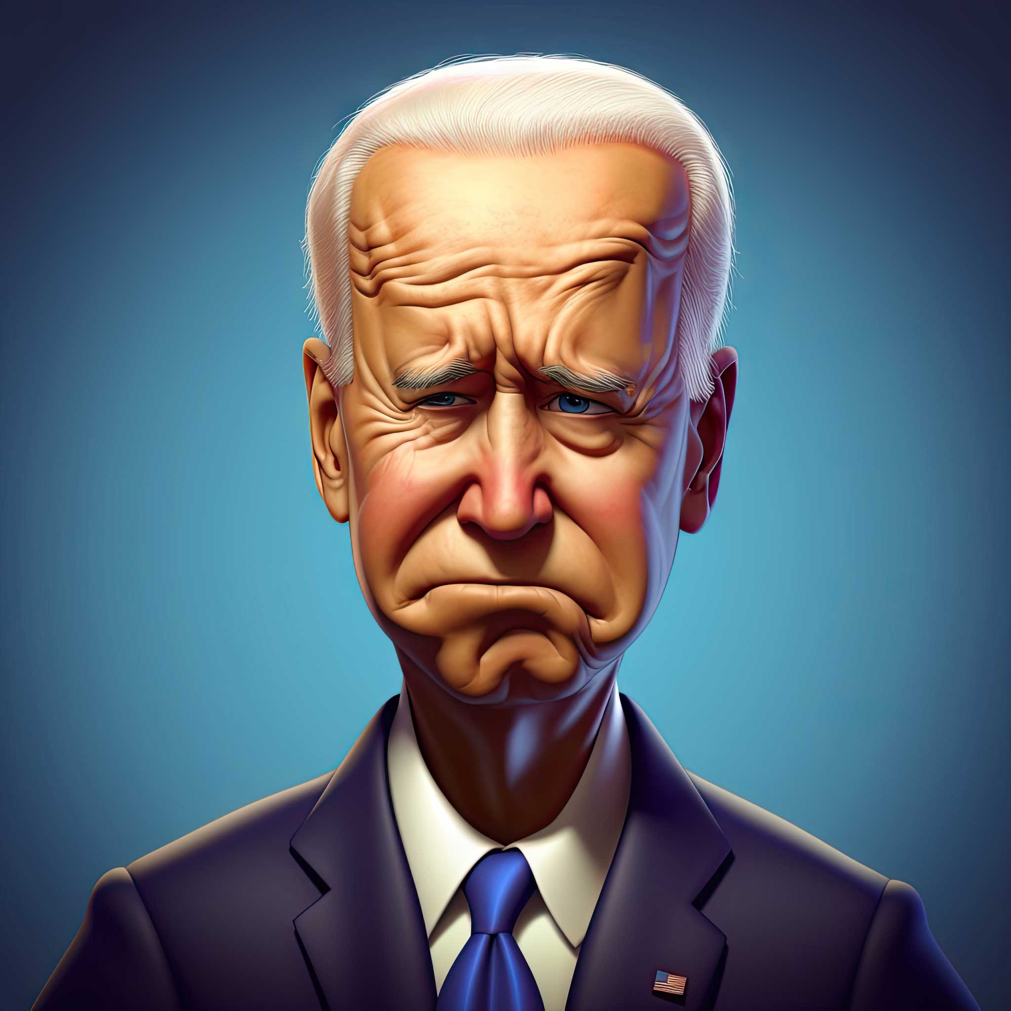 Caricature portrait of Joe Biden in a suit against a blue gradient background