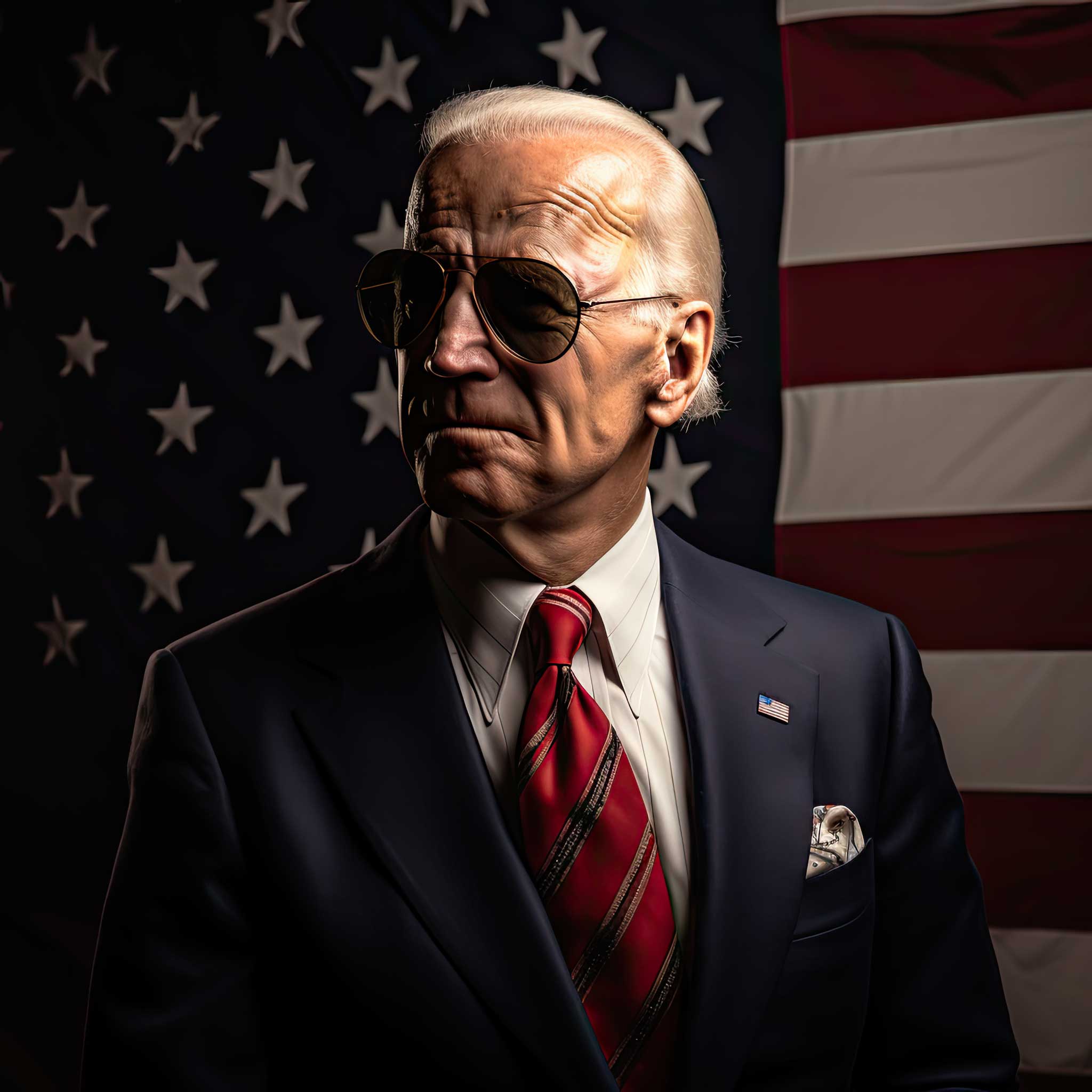 Joe Biden portrait in a suit in front of a U.S. flag background