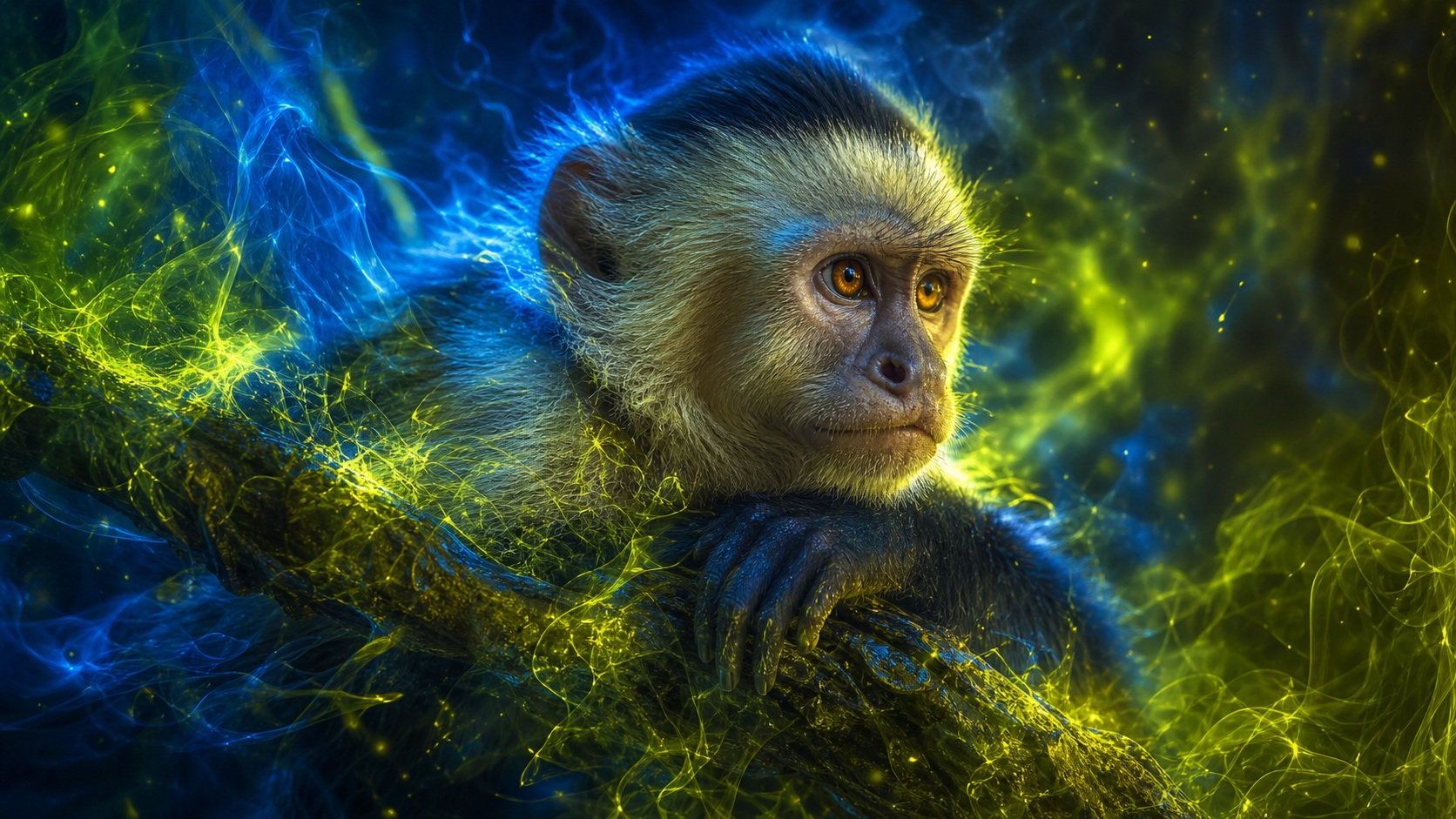 Capuchin monkey surrounded by blue and yellow electric smoke and glowing light