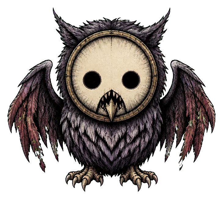 A dark owl monster with a round clock-like face, jagged beak, and shadowy wings