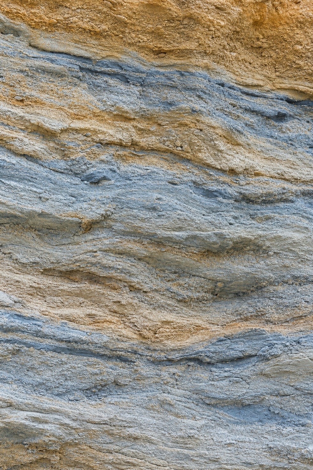 Layered blue and tan stone surface with mineral strata and sediment bands