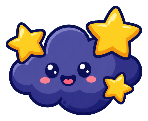 Cute purple cloud with smiling face and yellow stars around it
