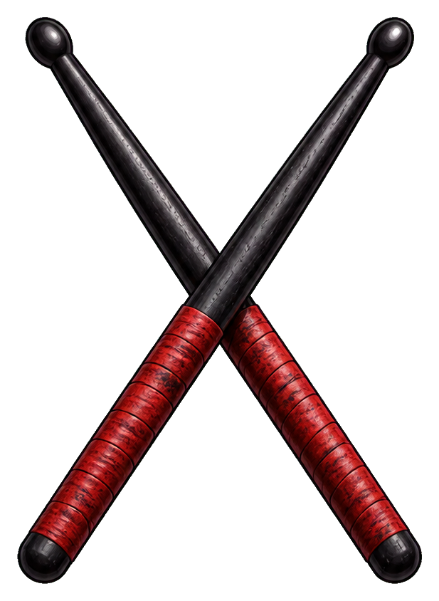 Two black drumsticks crossed in an X shape with red wrapped handles.