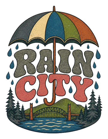 Retro sticker with a multicolored umbrella above bold Rain City text over a forest and water scene.