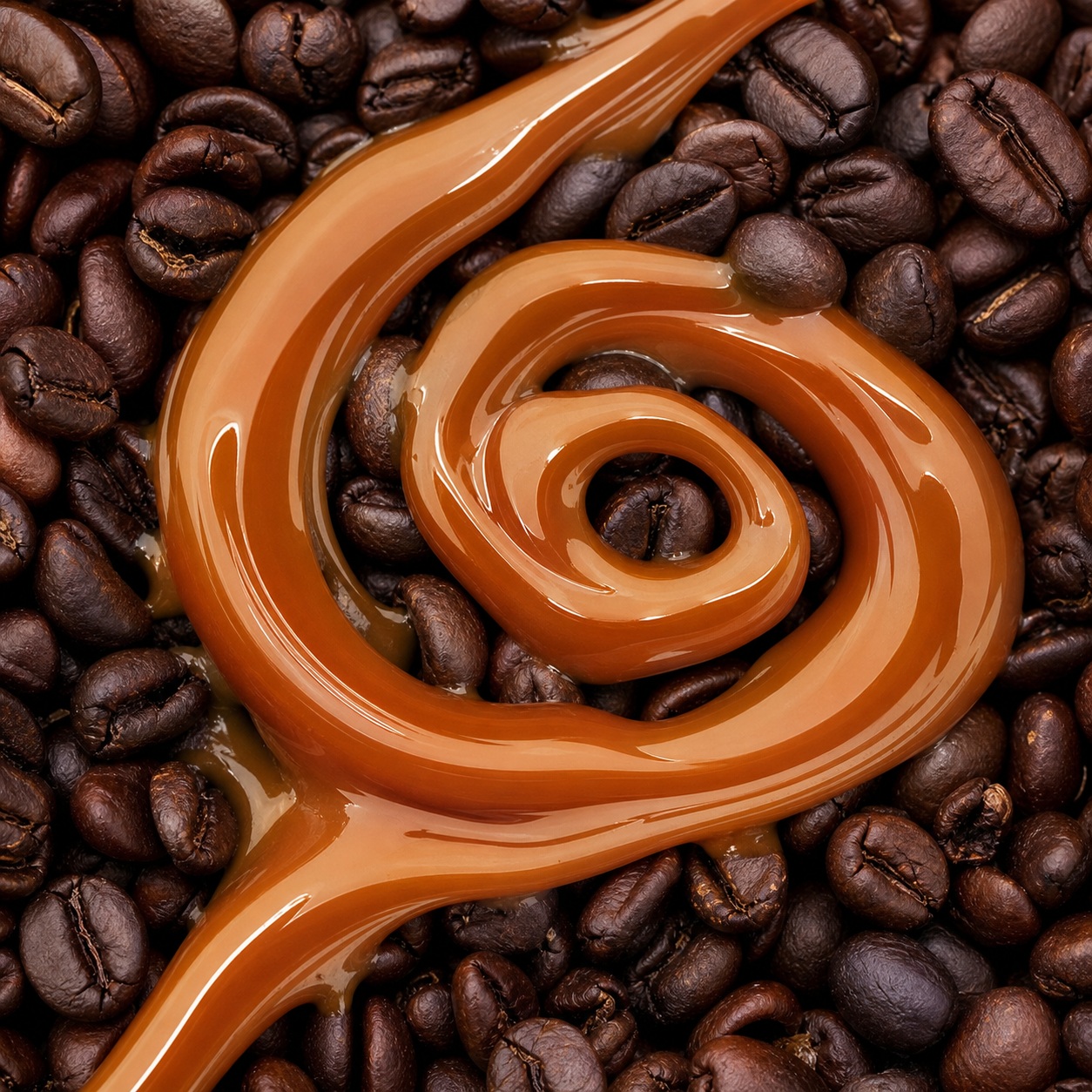Caramel-colored swirl over a bed of roasted coffee beans.