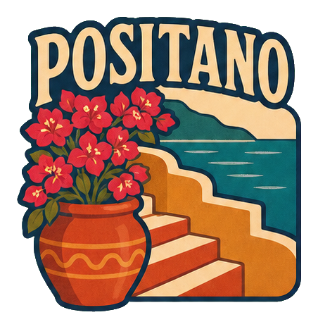Retro Positano sticker with potted flowers beside colorful seaside steps and the word Positano.