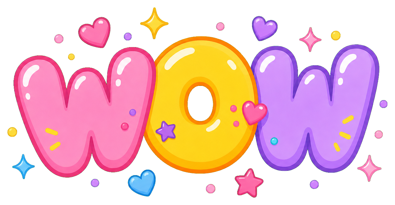 Colorful bubbly Wow word art sticker with hearts and sparkles