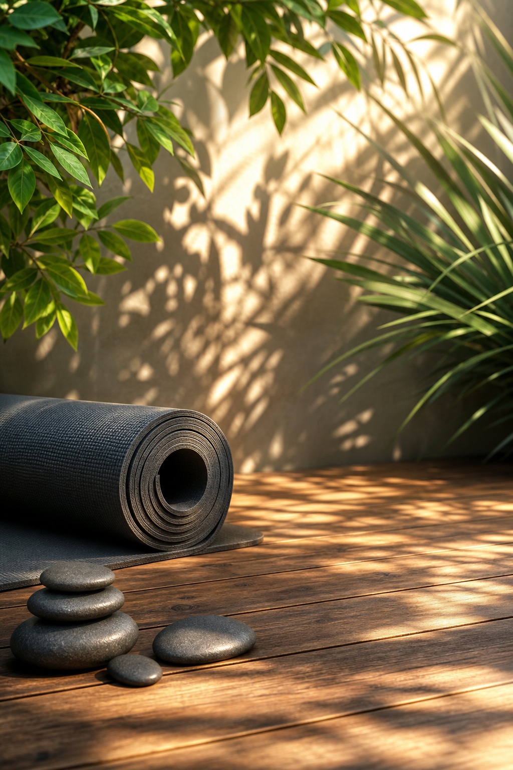 Rolled yoga mat beside stacked stones under leafy sunlit shadows