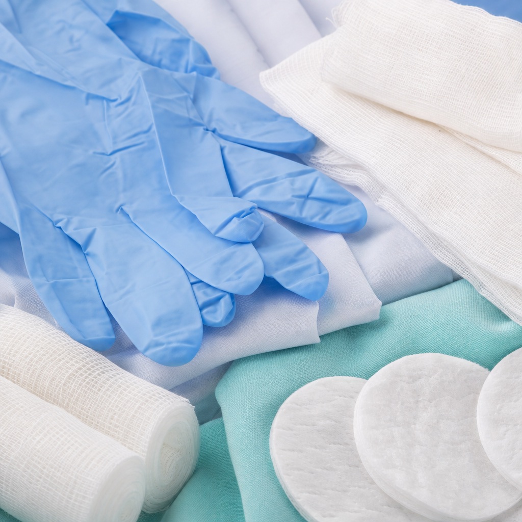 Blue medical gloves with gauze rolls and cotton pads on a teal background