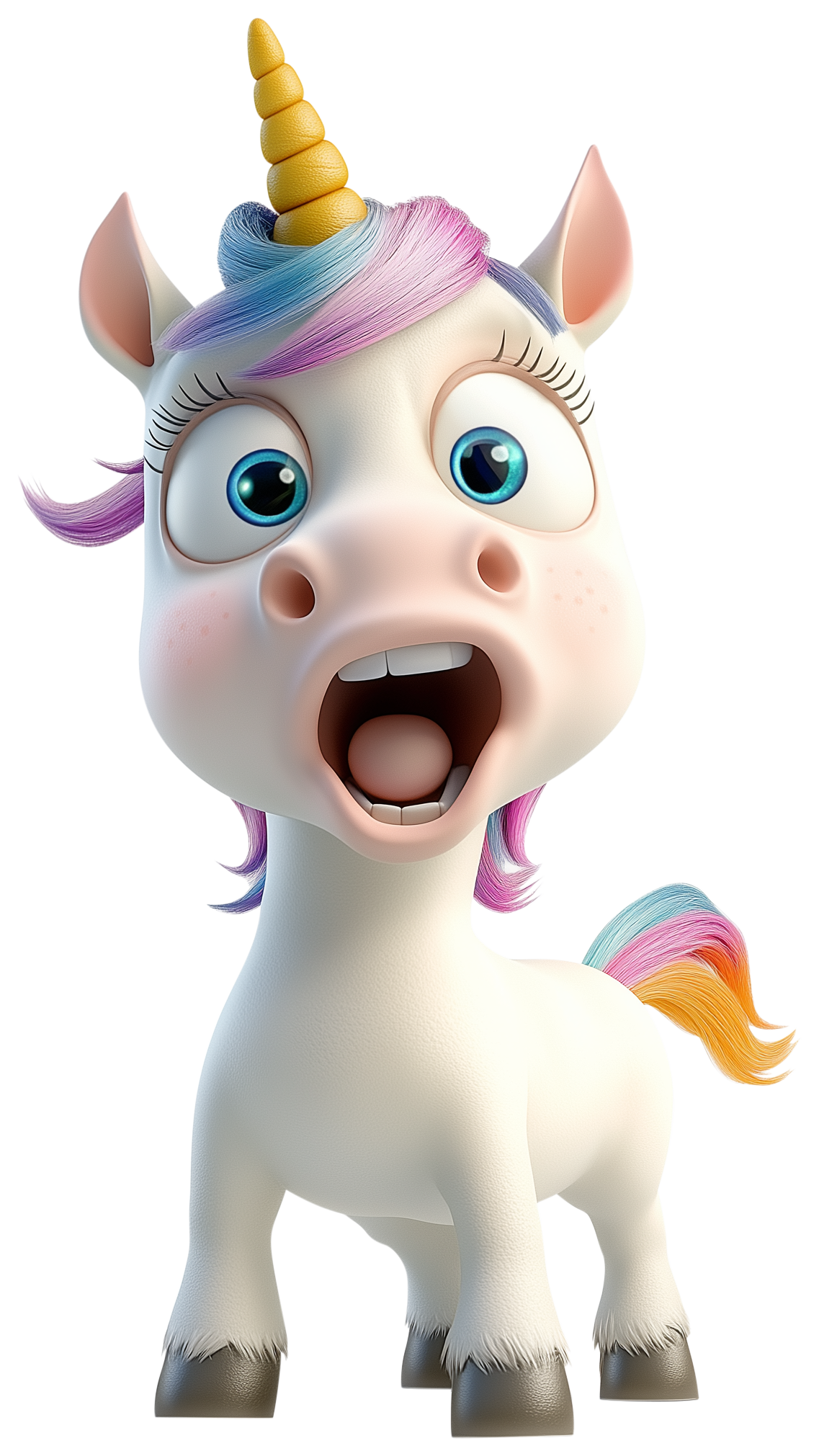 Cute cartoon unicorn with pastel mane, open mouth, and surprised expression