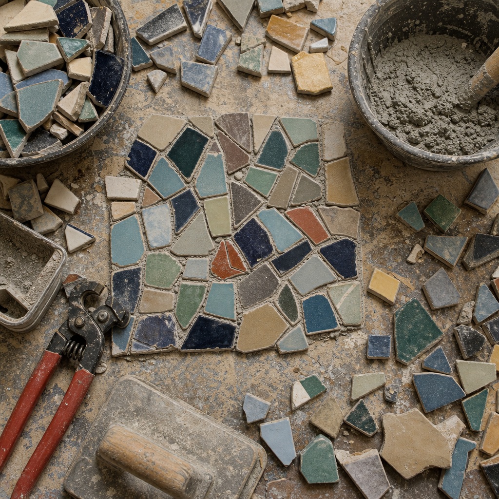 Broken mosaic tiles, craft tools, and workshop materials on a dusty table