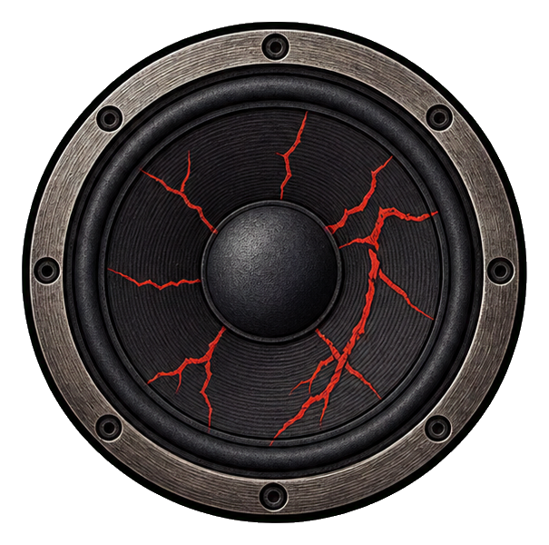 Black speaker cone with red cracks across the center