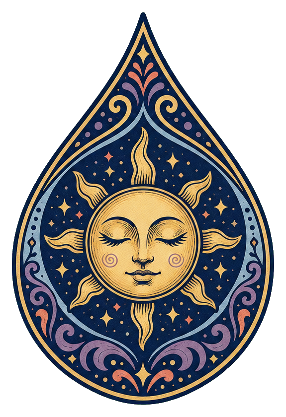 Teardrop-shaped talisman sticker with a serene sun face and ornate celestial patterns.