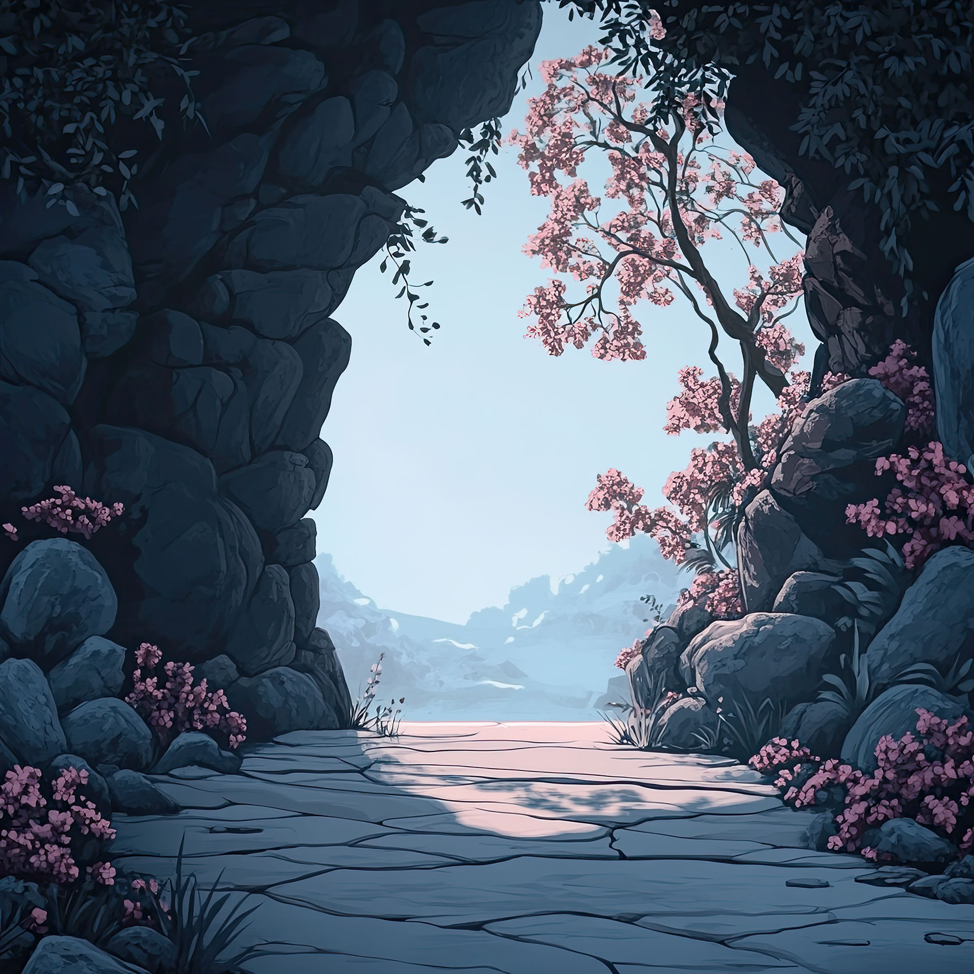 Preview for Serene-cave-entrance-blooming-trees-nature-backdrop-background-56f85