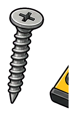 A metallic wood screw sticker with a pointed tip and crosshead top.