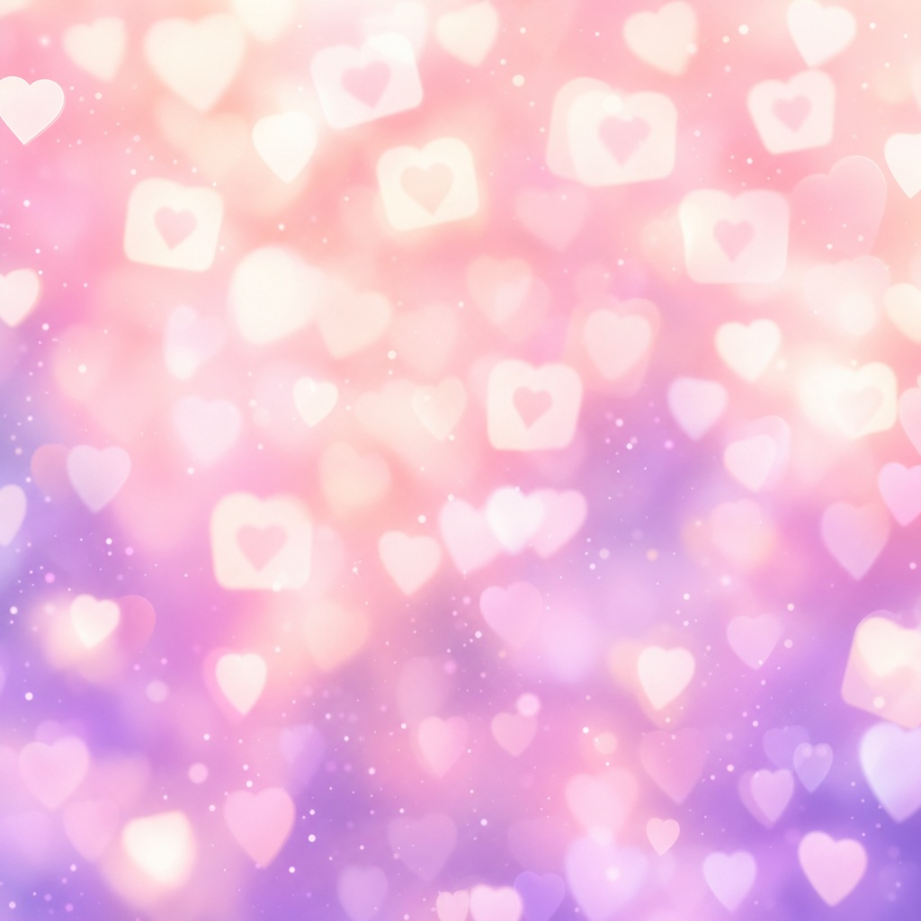 Soft pink background with glowing pastel heart bokeh and scattered light hearts
