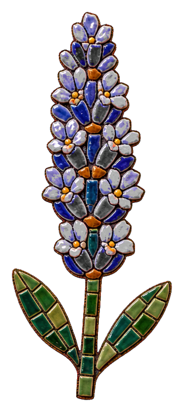 Tall purple lavender spike with green stem and leaves in a ceramic mosaic style