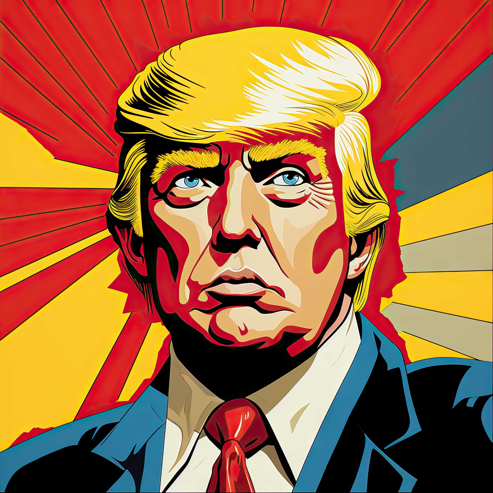 Pop art portrait of Donald Trump against a red and yellow radial background
