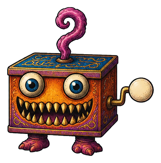 Creepy cute monster box with big eyes, sharp teeth, and a pink tentacle