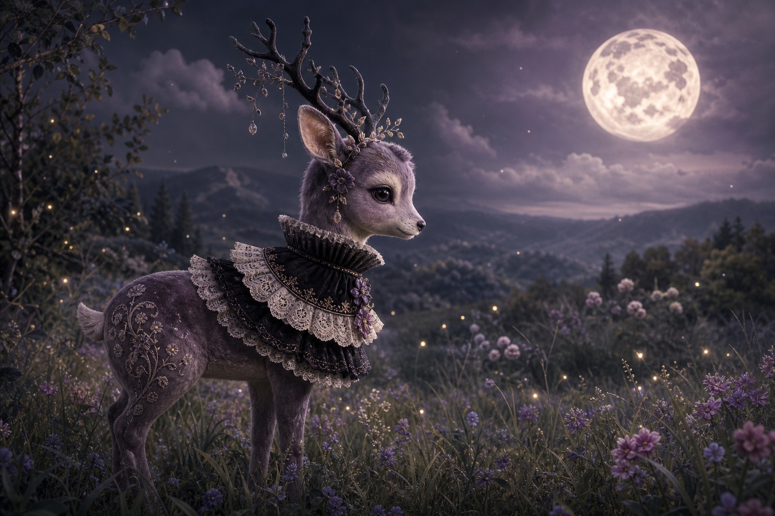 Gothic deer with a lace collar standing in a moonlit meadow under a full moon.
