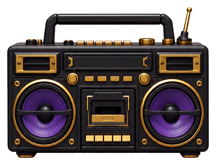 Black boombox sticker with purple cone speakers and gold details